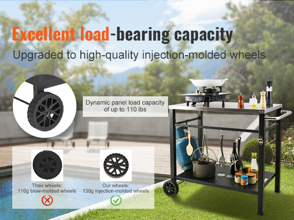 VEVOR outdoor grill cart with high-quality wheels, showing 110 lb load capacity by a pool.