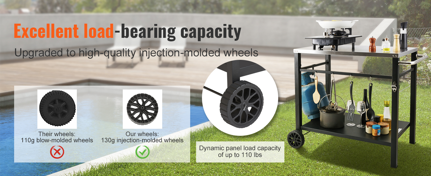 VEVOR outdoor grill cart with high-quality wheels, showing 110 lb load capacity by a pool.
