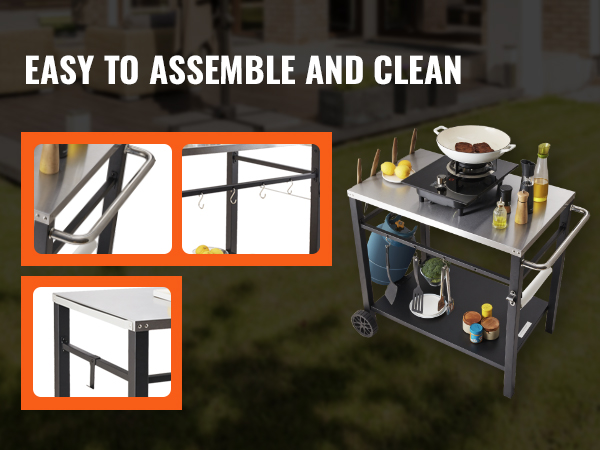 VEVOR outdoor grill cart with stainless steel top, side handles, hooks, shelves, and caster wheels.