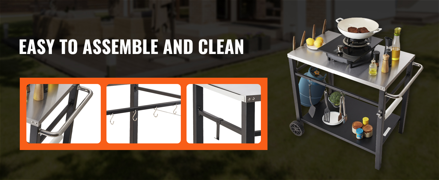 VEVOR outdoor grill cart with stainless steel top, side handles, hooks, shelves, and caster wheels.