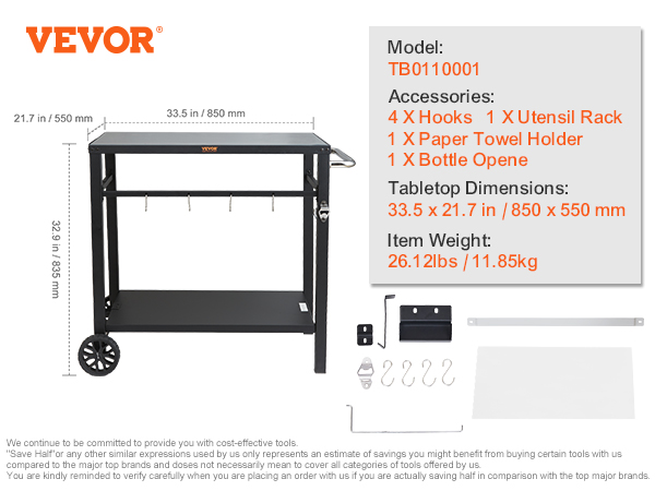 VEVOR outdoor grill cart with hooks, utensil rack, paper towel holder, bottle opener, and large tabletop.