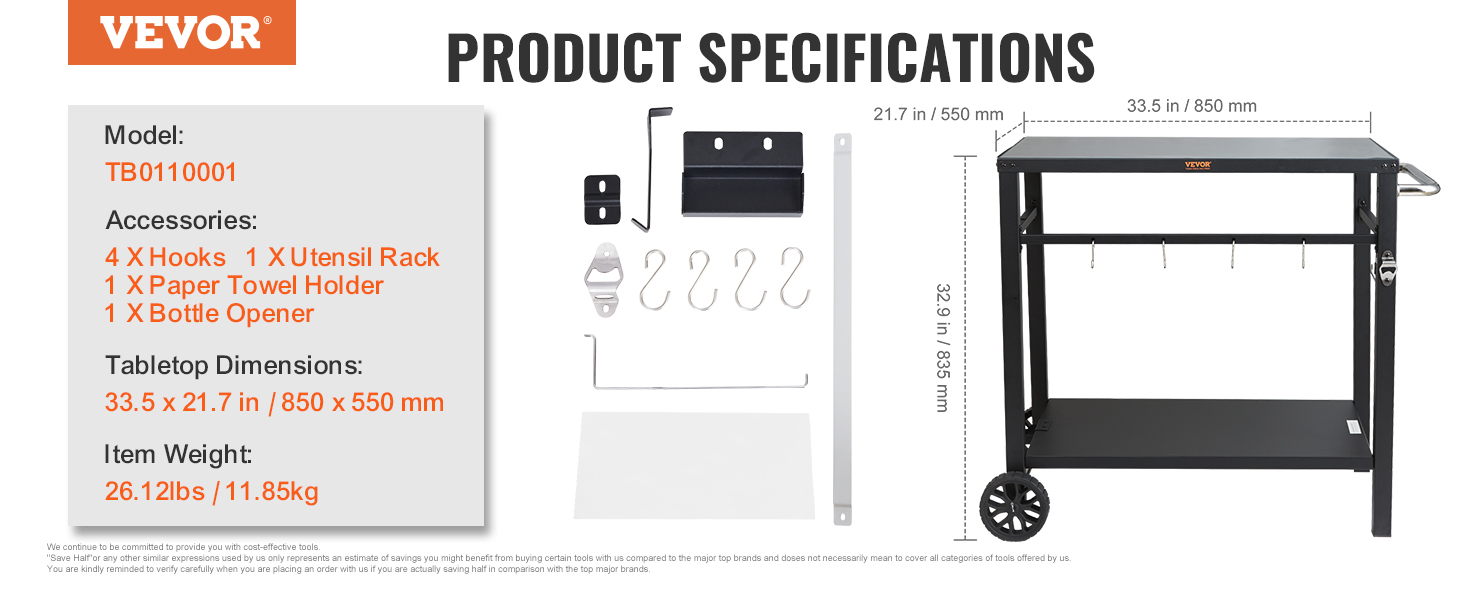 VEVOR outdoor grill cart with hooks, utensil rack, paper towel holder, bottle opener, and large tabletop.