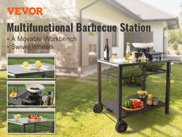 VEVOR outdoor grill cart: movable workbench with swivel wheels for multifunctional barbecue station.