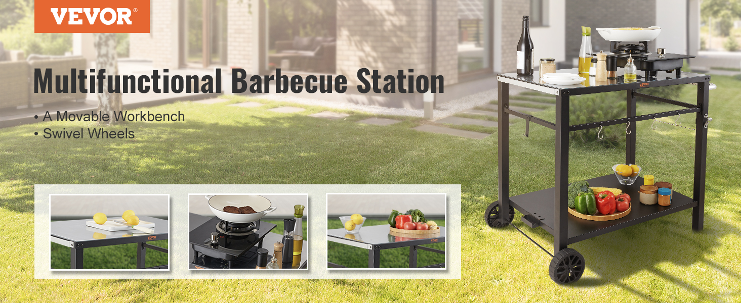 VEVOR outdoor grill cart: movable workbench with swivel wheels for multifunctional barbecue station.