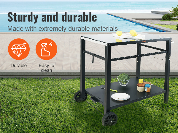 VEVOR outdoor grill cart by the pool on green lawn, showcasing durability and easy-to-clean features.