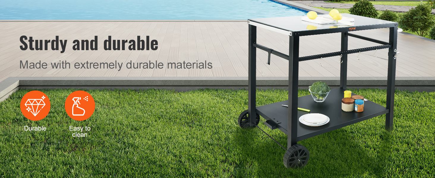 VEVOR outdoor grill cart by the pool on green lawn, showcasing durability and easy-to-clean features.