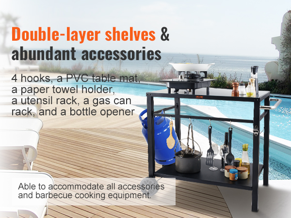 VEVOR outdoor grill cart with double-layer shelves and accessories by a poolside deck.