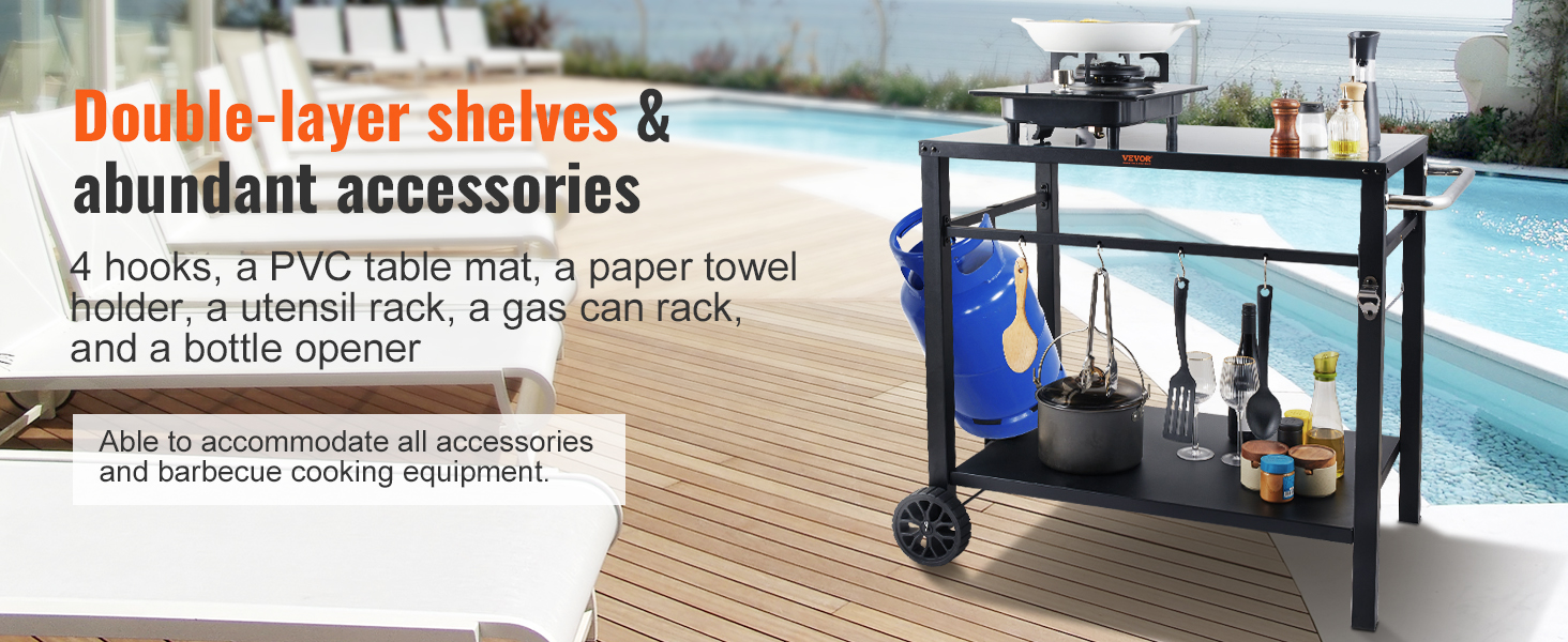 VEVOR outdoor grill cart with double-layer shelves and accessories by a poolside deck.