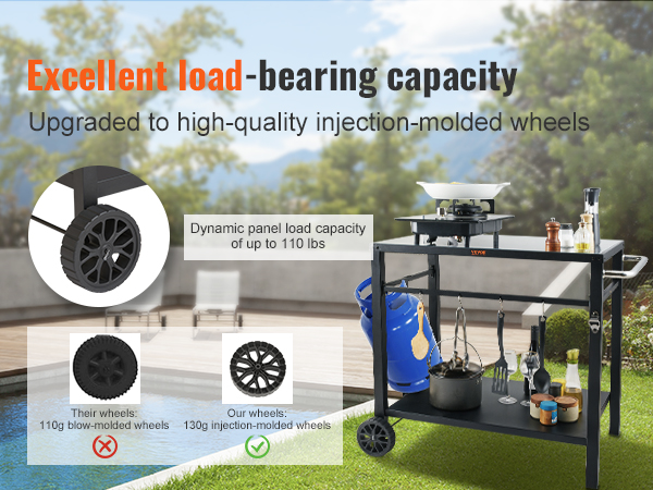 VEVOR outdoor grill cart with sturdy injection-molded wheels, dynamic load capacity up to 110 lbs.