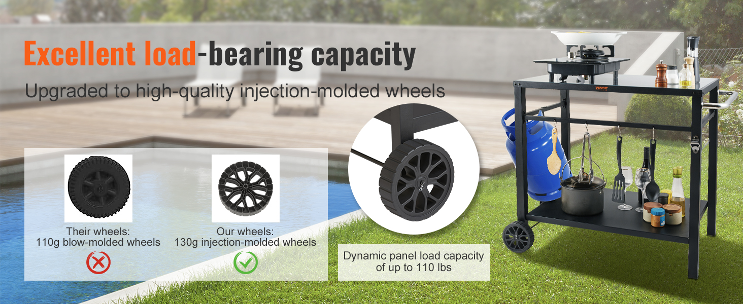 VEVOR outdoor grill cart with sturdy injection-molded wheels, dynamic load capacity up to 110 lbs.