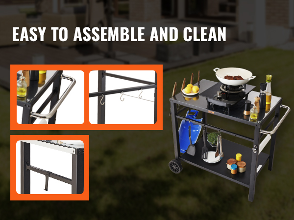VEVOR outdoor grill cart with storage shelves, utensil hooks, and easy-to-clean design.
