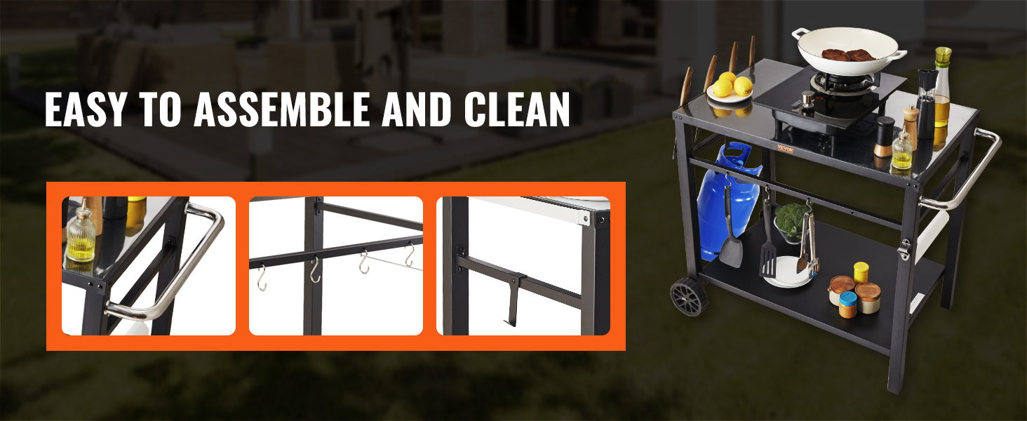 VEVOR outdoor grill cart with storage shelves, utensil hooks, and easy-to-clean design.