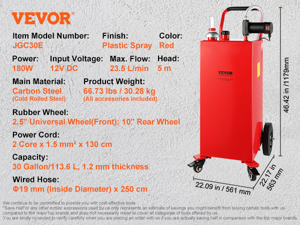 VEVOR fuel caddy jgc30e, 30 gallon, red, carbon steel, 23.5 l/min flow, 180w power, 12v dc input.