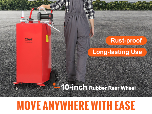 worker moving VEVOR fuel caddy with 10-inch rubber rear wheels on various surfaces: cement, wooden, muddy.