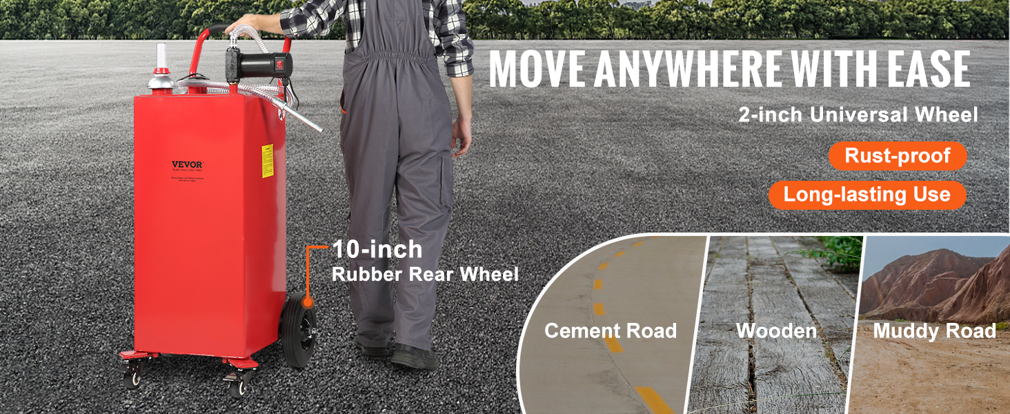 worker moving VEVOR fuel caddy with 10-inch rubber rear wheels on various surfaces: cement, wooden, muddy.