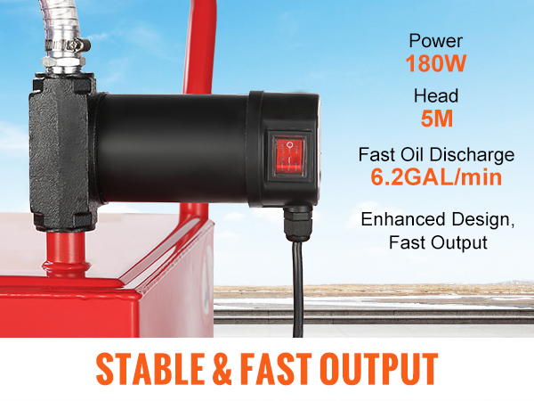 VEVOR fuel caddy with 180w electric pump and wire hose, fast oil discharge 6.2 gal/min, red tank.