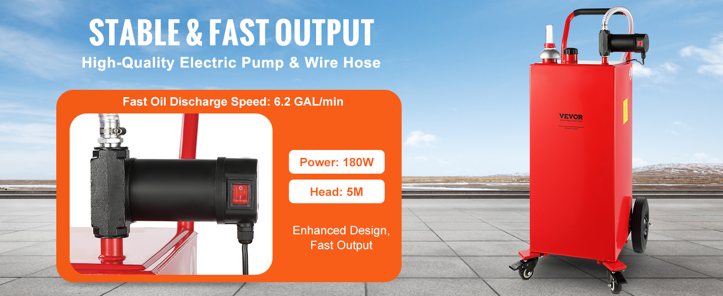 VEVOR fuel caddy with 180w electric pump and wire hose, fast oil discharge 6.2 gal/min, red tank.