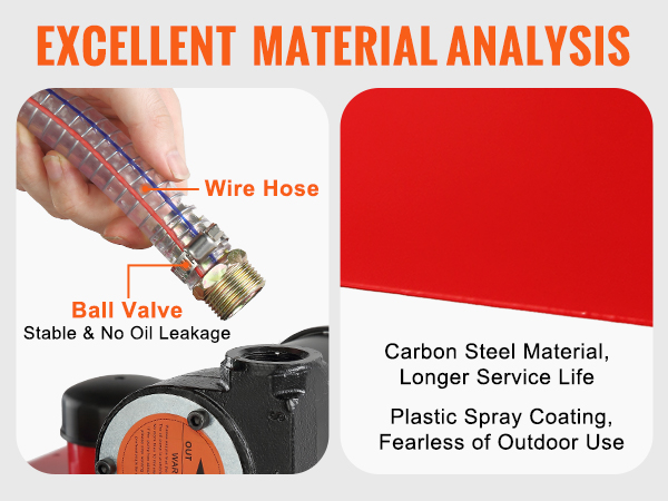 VEVOR fuel caddy wire hose, ball valve, and carbon steel material with plastic spray coating.