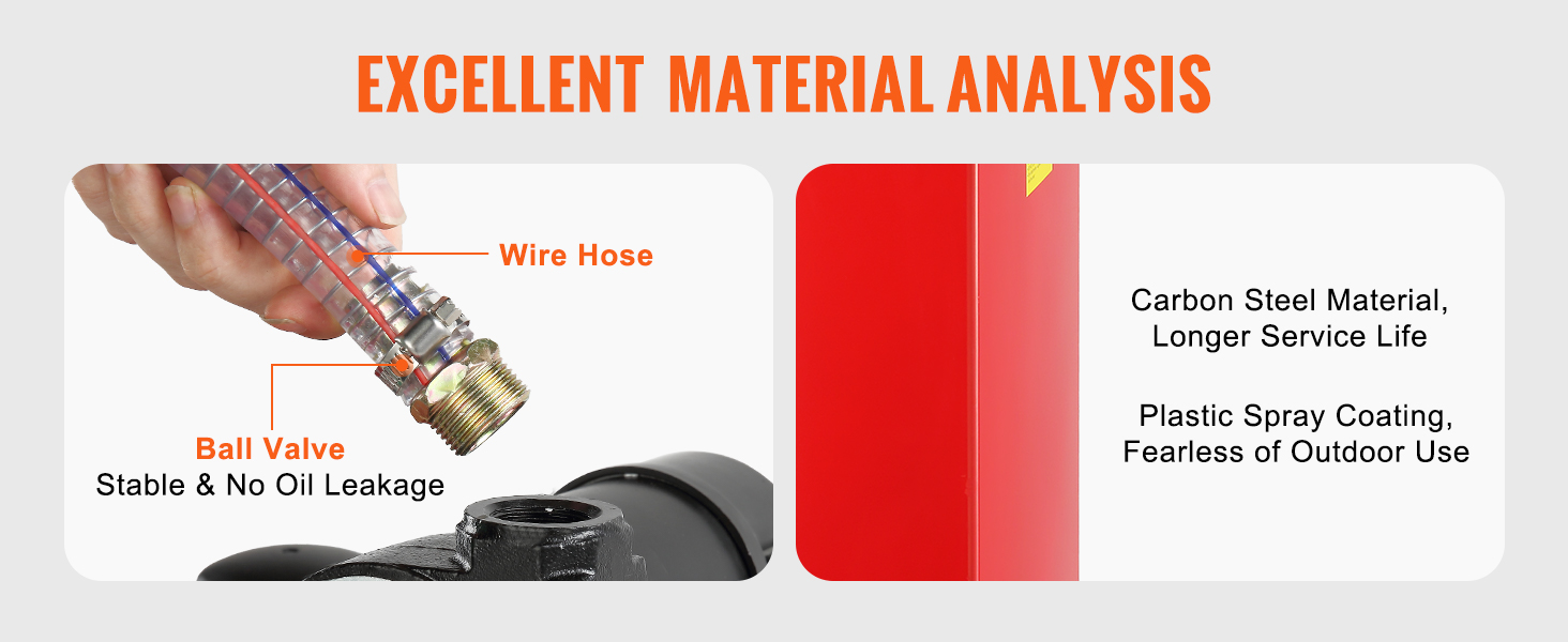 VEVOR fuel caddy wire hose, ball valve, and carbon steel material with plastic spray coating.