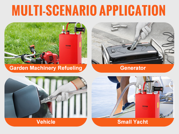 VEVOR fuel caddy used for garden machinery, generator, small yacht, and vehicle refueling.