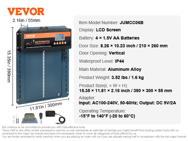VEVOR automatic chicken coop door with lcd screen, vertical door, runs on 4 aa batteries, ip44 waterproof.