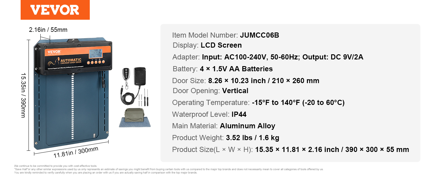 VEVOR automatic chicken coop door with lcd screen, vertical door, runs on 4 aa batteries, ip44 waterproof.