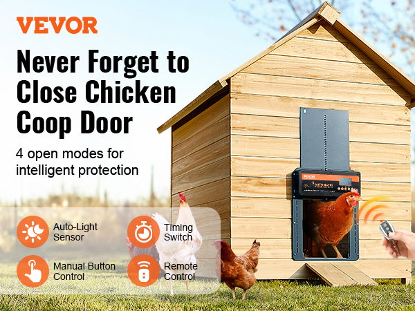VEVOR automatic chicken coop door with auto-light sensor, timing switch, manual and remote control options.