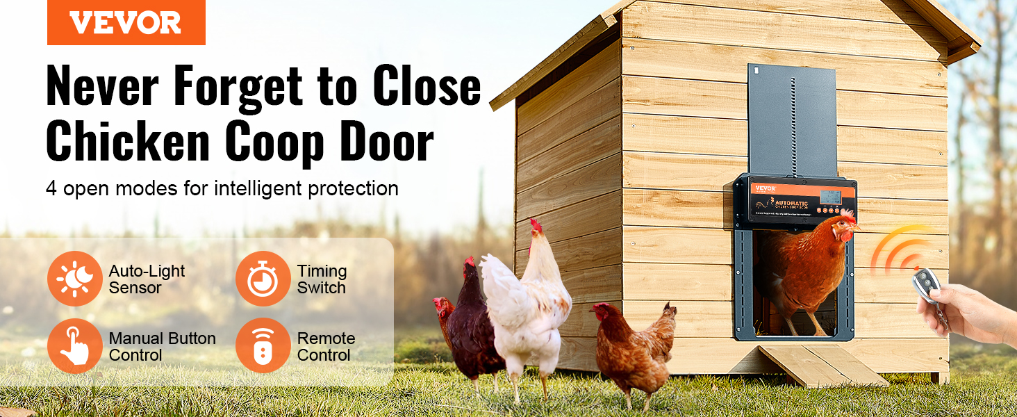 VEVOR automatic chicken coop door with auto-light sensor, timing switch, manual and remote control options.