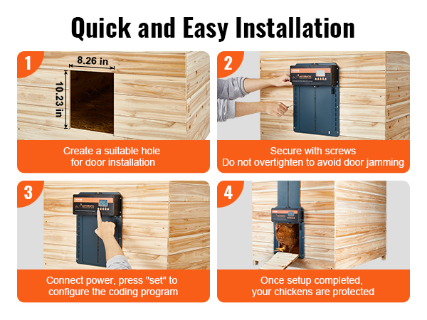 easy installation guide for the VEVOR automatic chicken coop door in four step-by-step images.