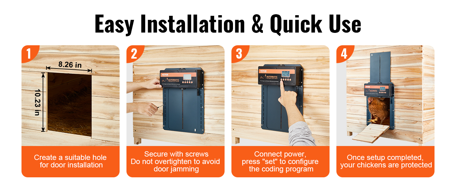 easy installation guide for the VEVOR automatic chicken coop door in four step-by-step images.