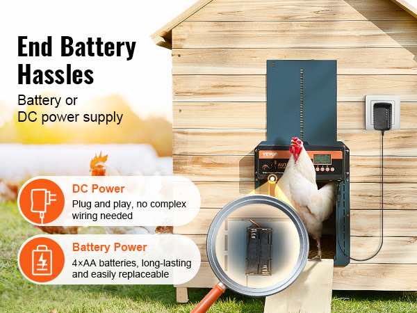 VEVOR automatic chicken coop door with battery and dc power options, featuring a chicken coop and chickens.