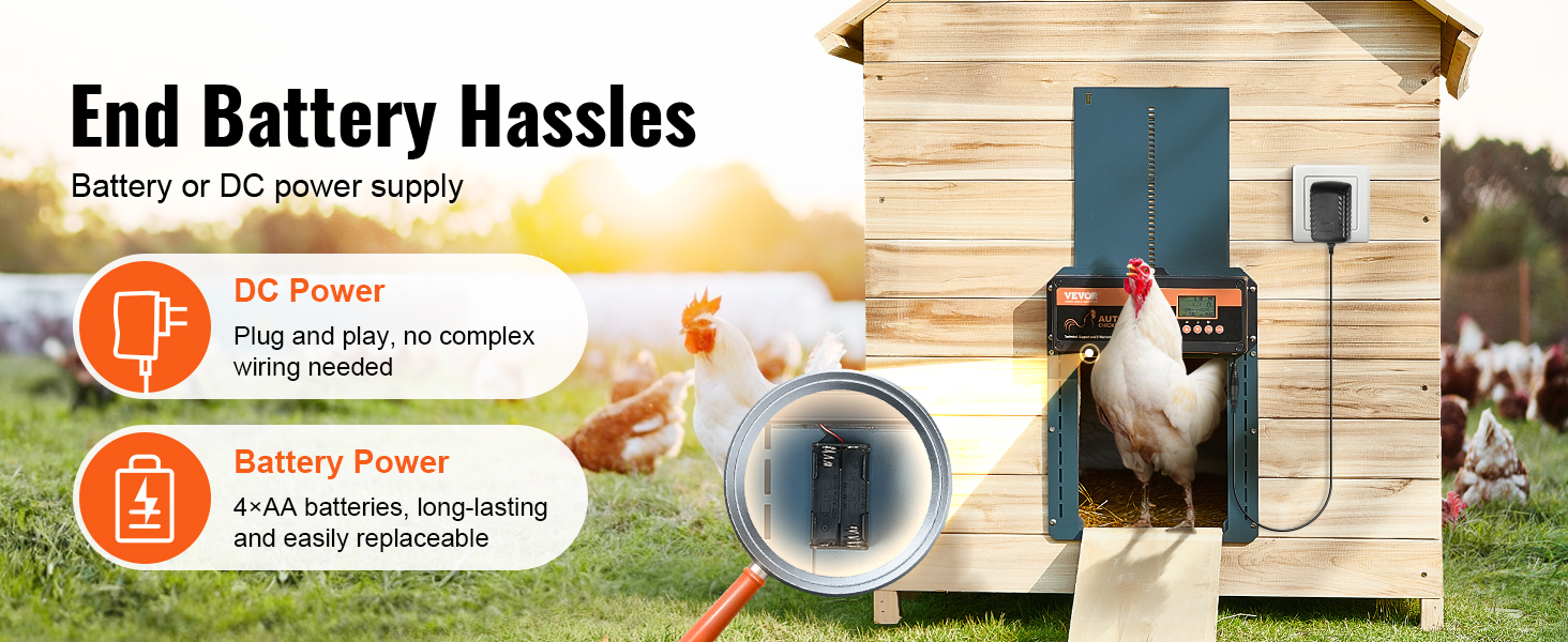 VEVOR automatic chicken coop door with battery and dc power options, featuring a chicken coop and chickens.