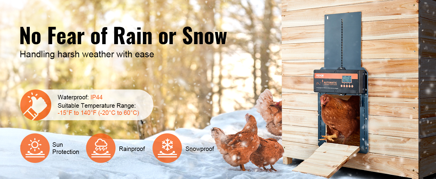 VEVOR automatic chicken coop door with rain, snow, and sun protection in a snowy setting.