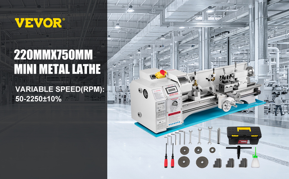 VEVOR metal lathe 220mmx750mm with variable speed and complete toolset.