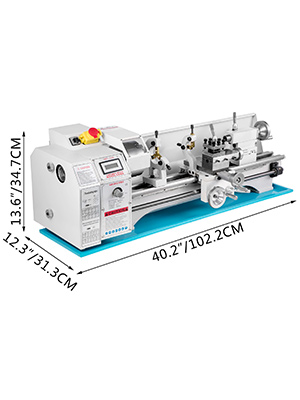 VEVOR metal lathe with dimensions marked: 40.2" x 13.6" x 12.3".