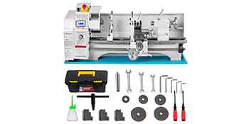 lathe machine with accessories including wrenches, hex keys, and toolkit. VEVOR metal lathe.