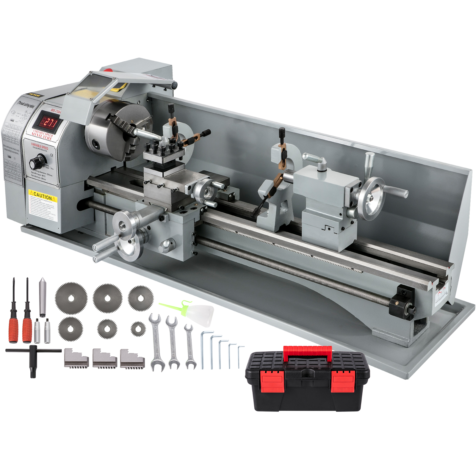 VEVOR metal lathe with accessories including tools, gears, and a black toolbox.