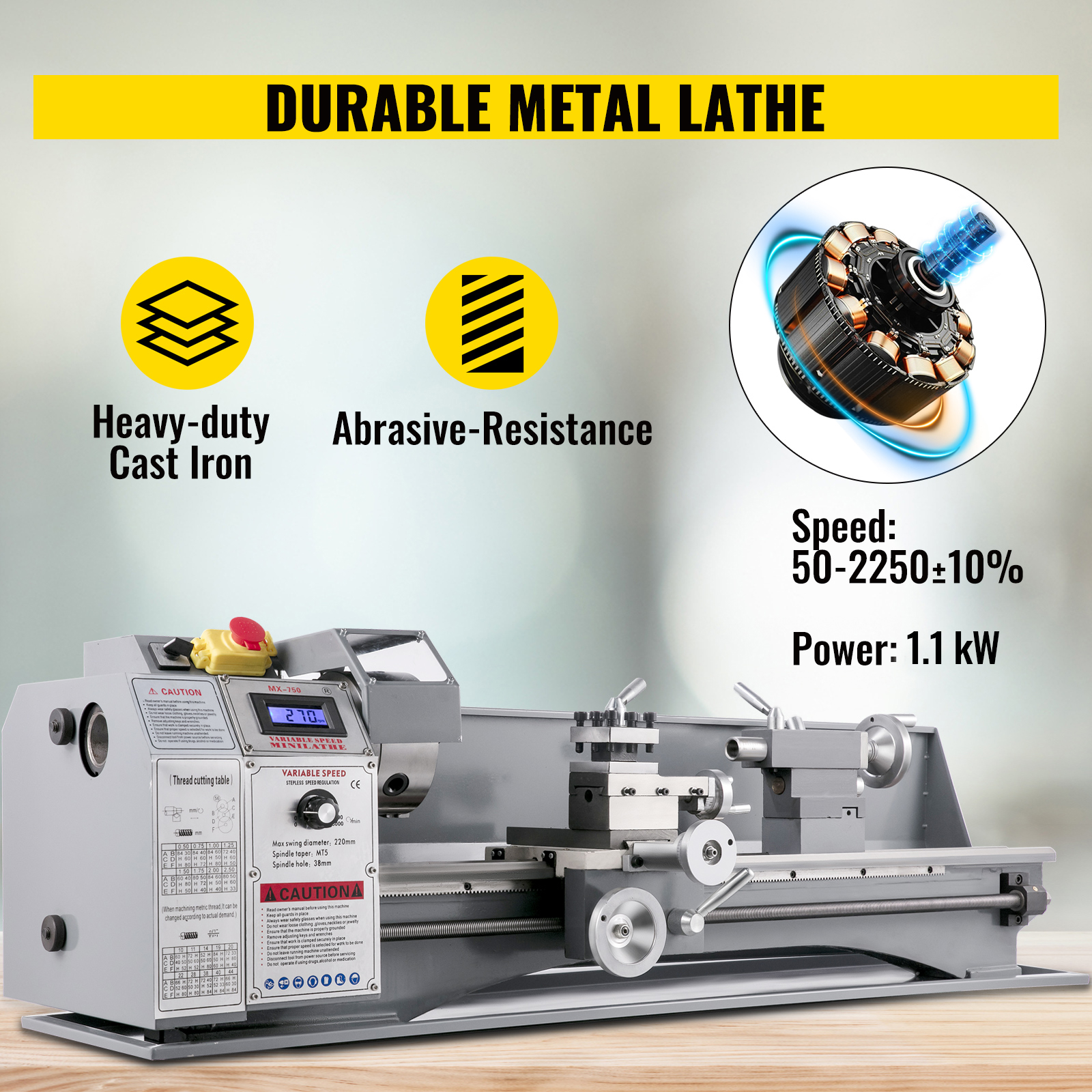 VEVOR metal lathe: durable heavy-duty cast iron, abrasive resistance, 50-2250 rpm, 1.1 kw.