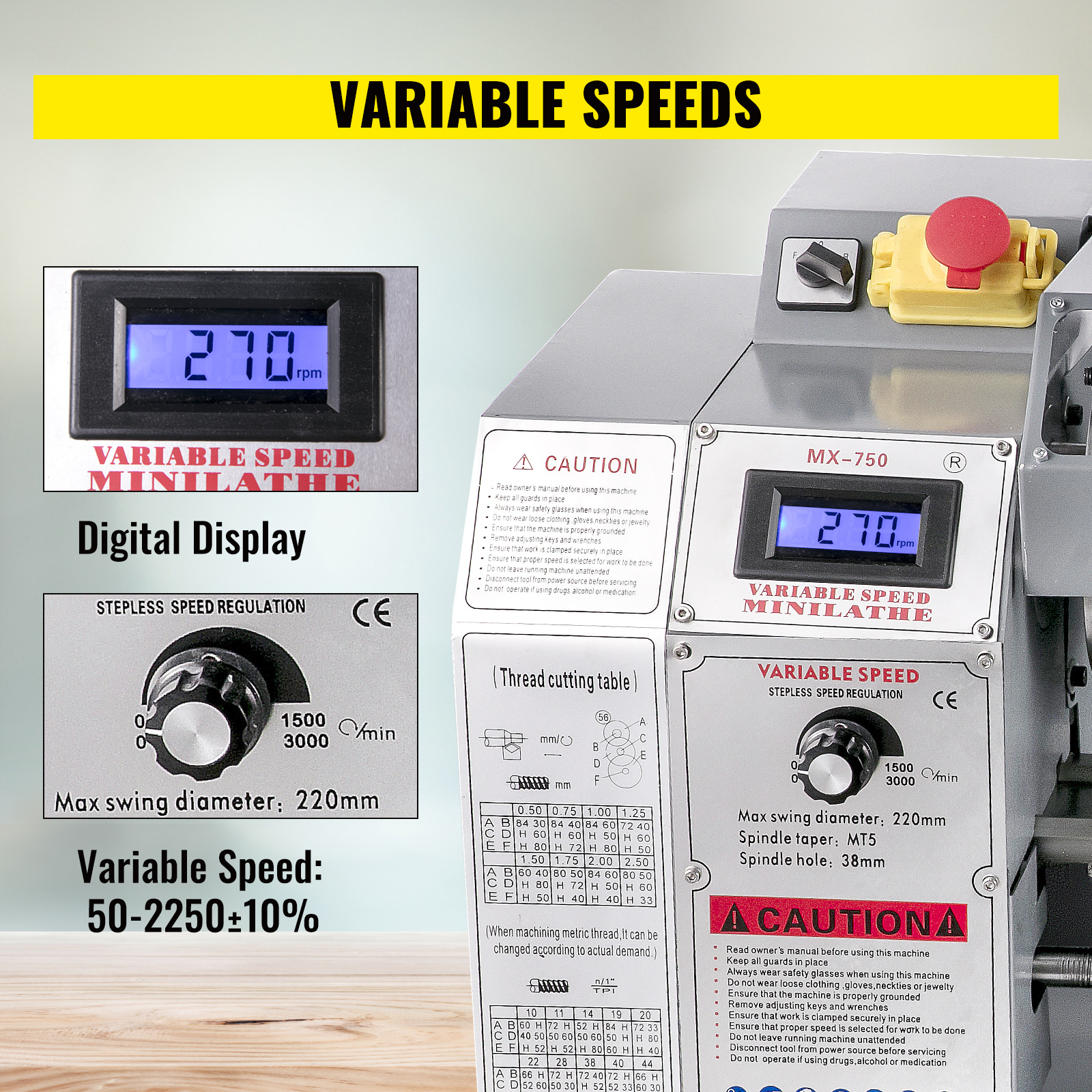 VEVOR metal lathe with digital display showcasing variable speeds from 50 to 2250 rpm.