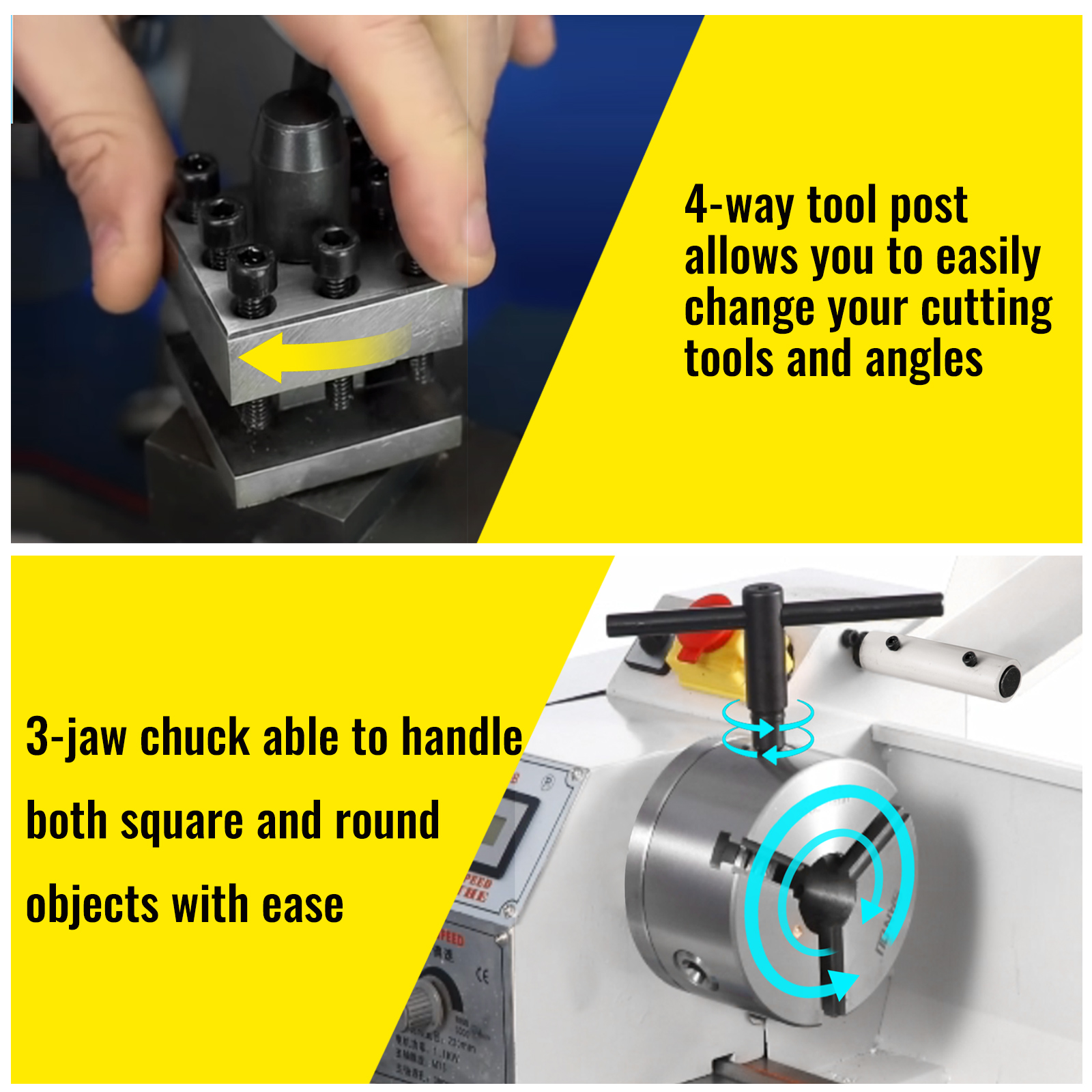 VEVOR metal lathe with 4-way tool post and 3-jaw chuck for versatile cutting.