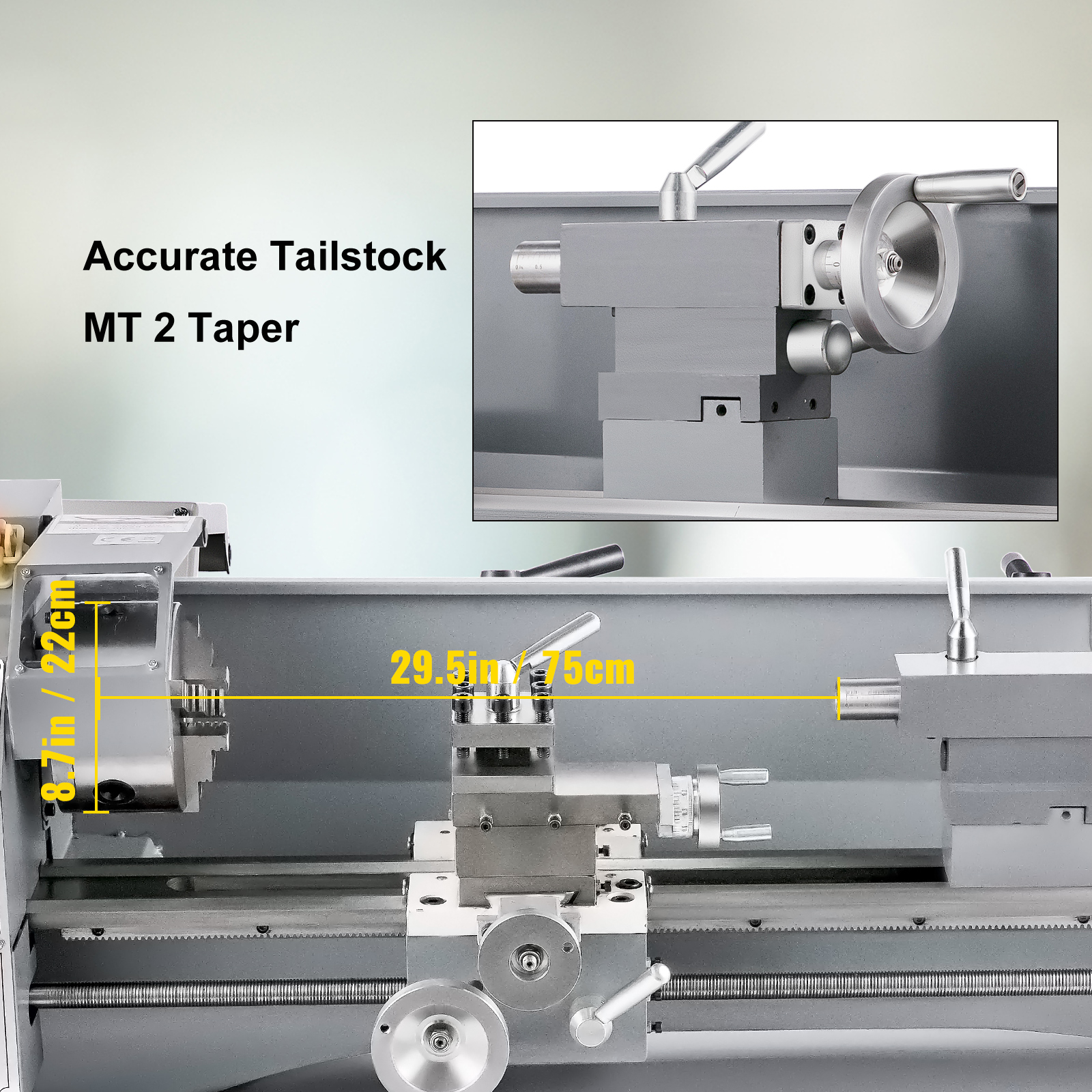 VEVOR metal lathe with mt 2 taper tailstock, 8.7in x 29.5in dimensions.