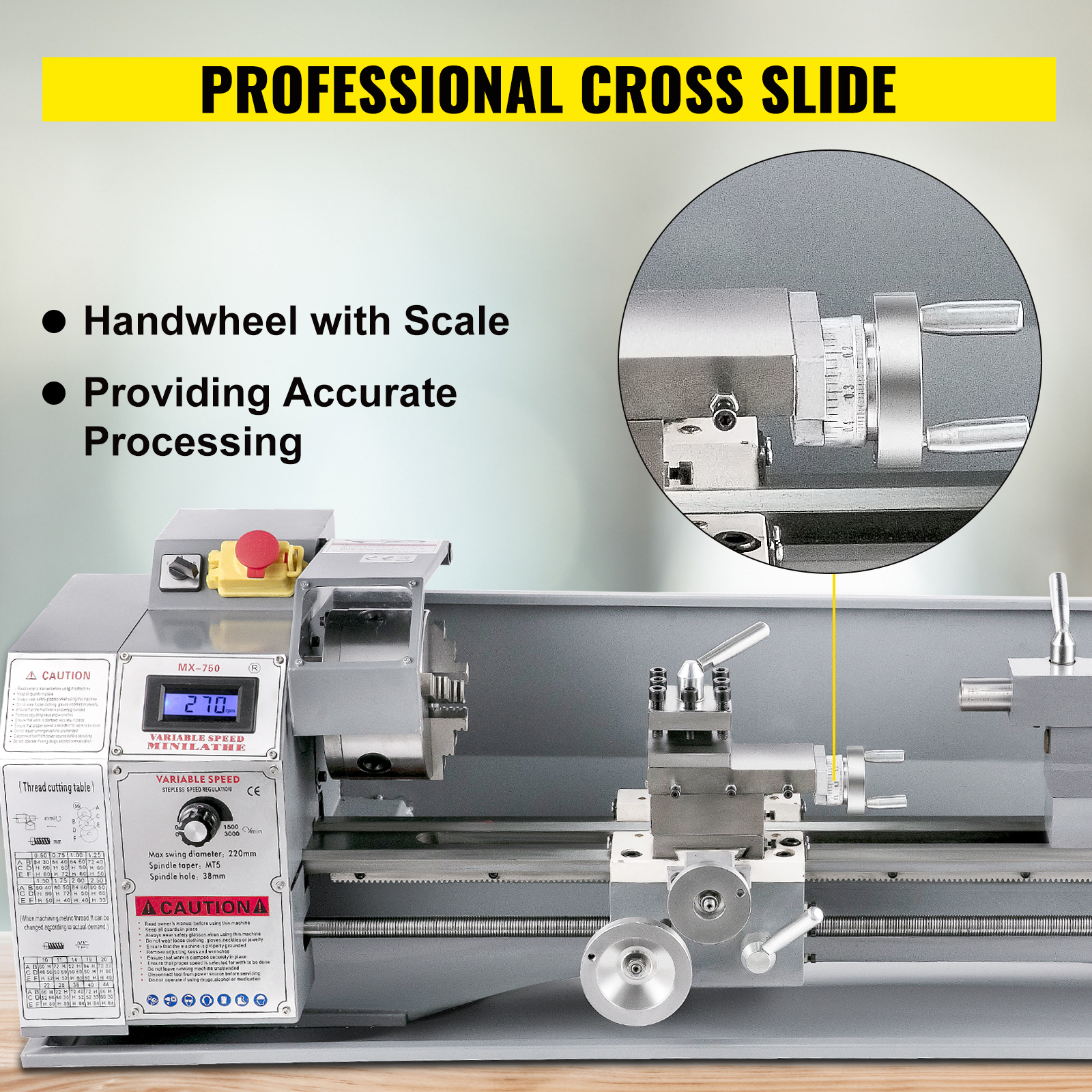 VEVOR metal lathe with professional cross slide and handwheel for precise processing.
