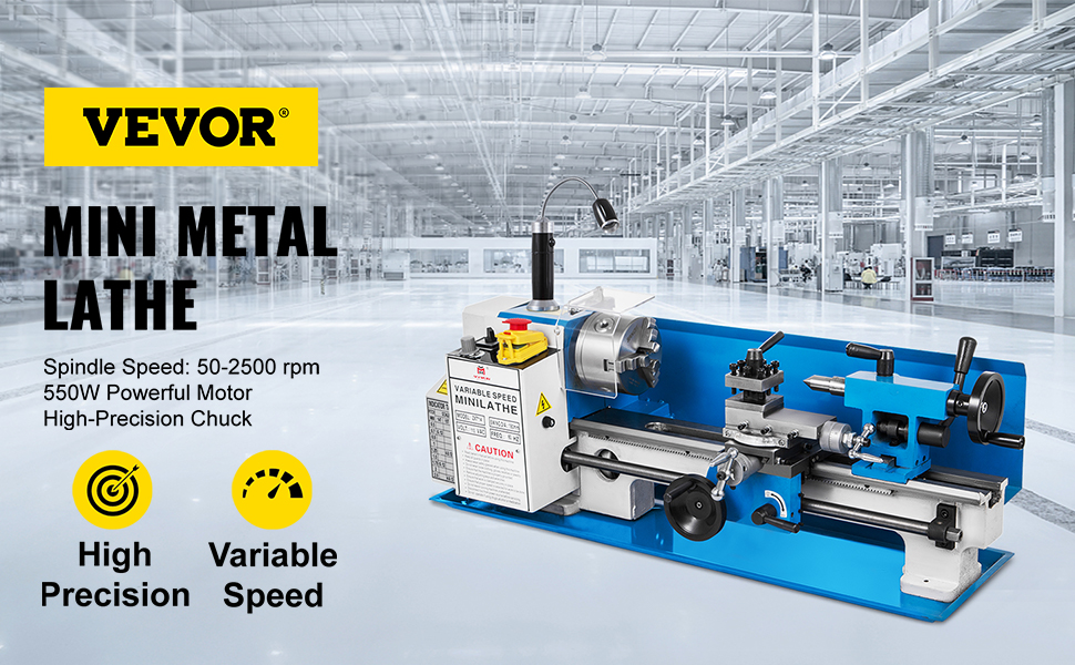 VEVOR metal lathe in a modern factory setting with variable speed and high precision.