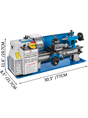 VEVOR metal lathe with dimensions 30.3" x 11.6" x 8.5" in blue and gray.