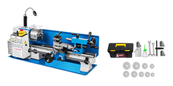 VEVOR metal lathe with accessories, including tools and multiple cutting discs.