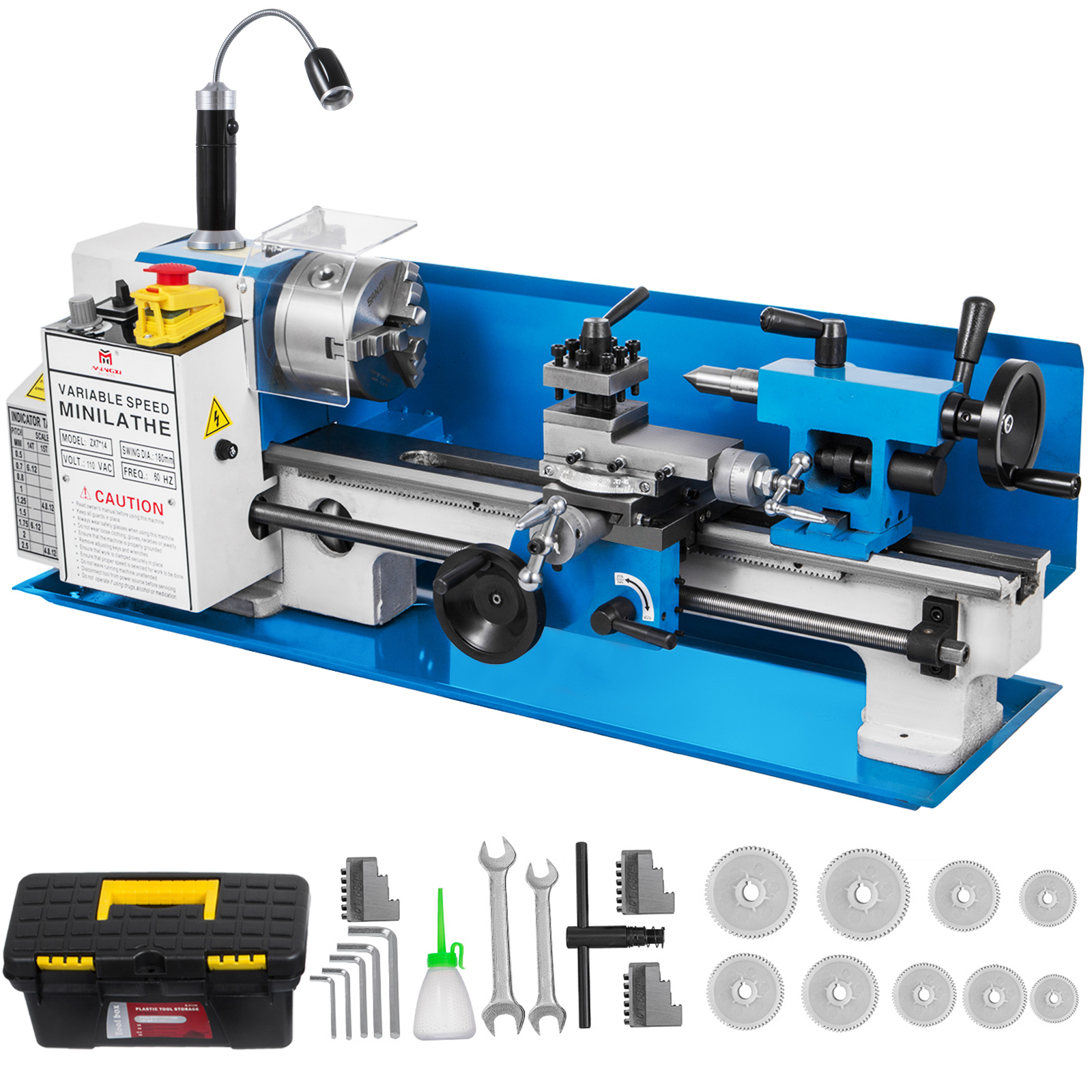 VEVOR metal lathe with tool kit, variable speed control, blue and white design.
