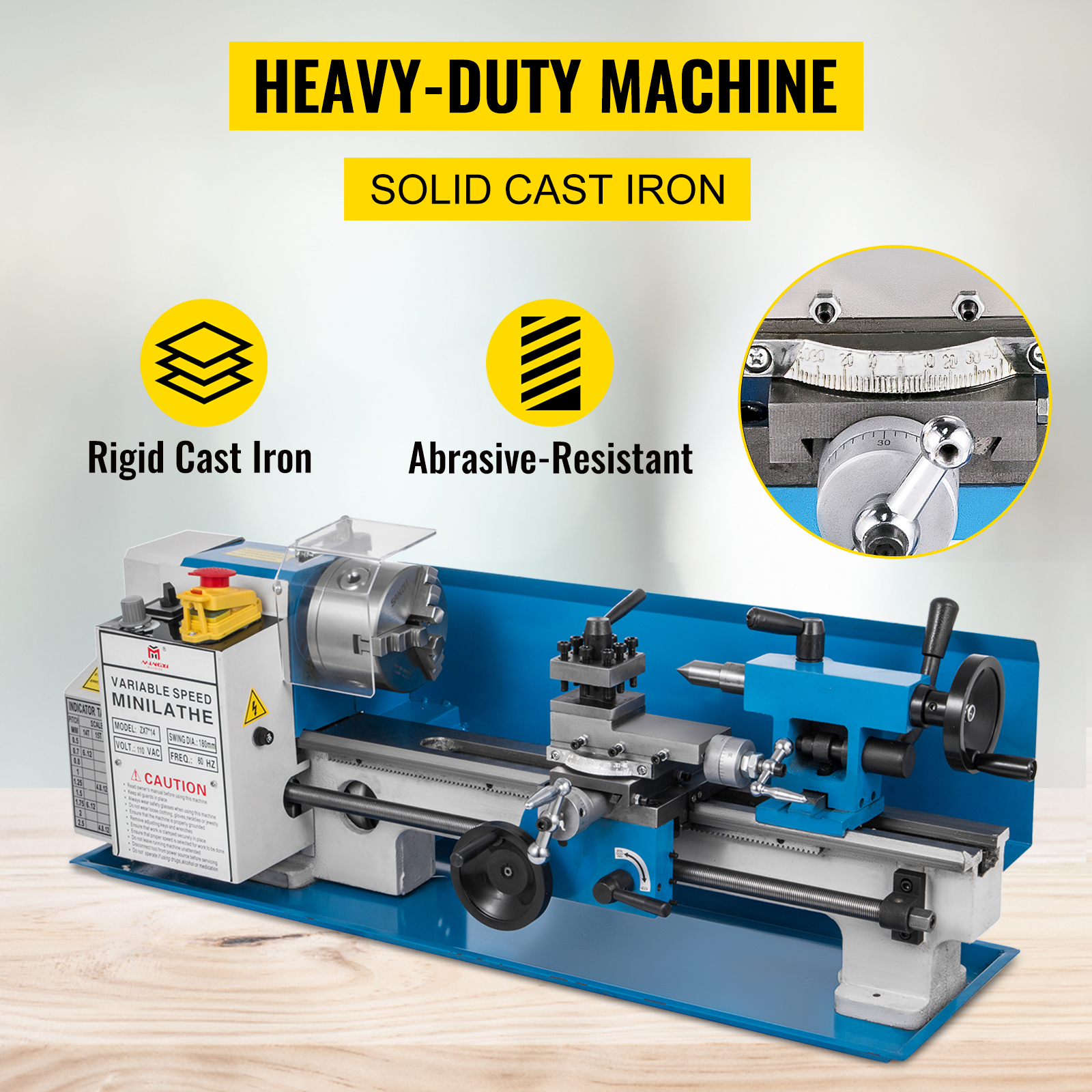 heavy-duty VEVOR metal lathe, solid cast iron, rigid, and abrasive-resistant.