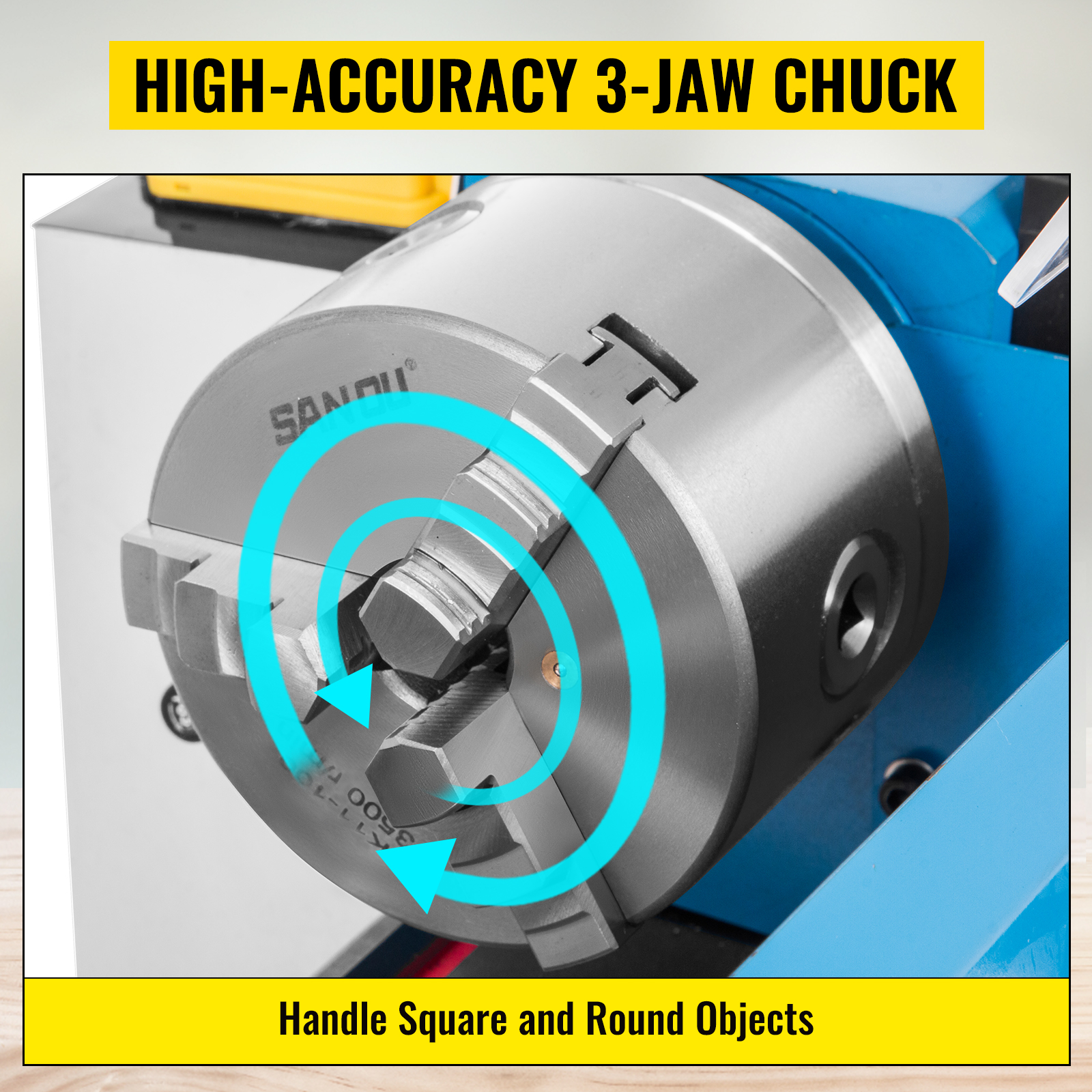 VEVOR metal lathe with a high-accuracy 3-jaw chuck for handling various objects.