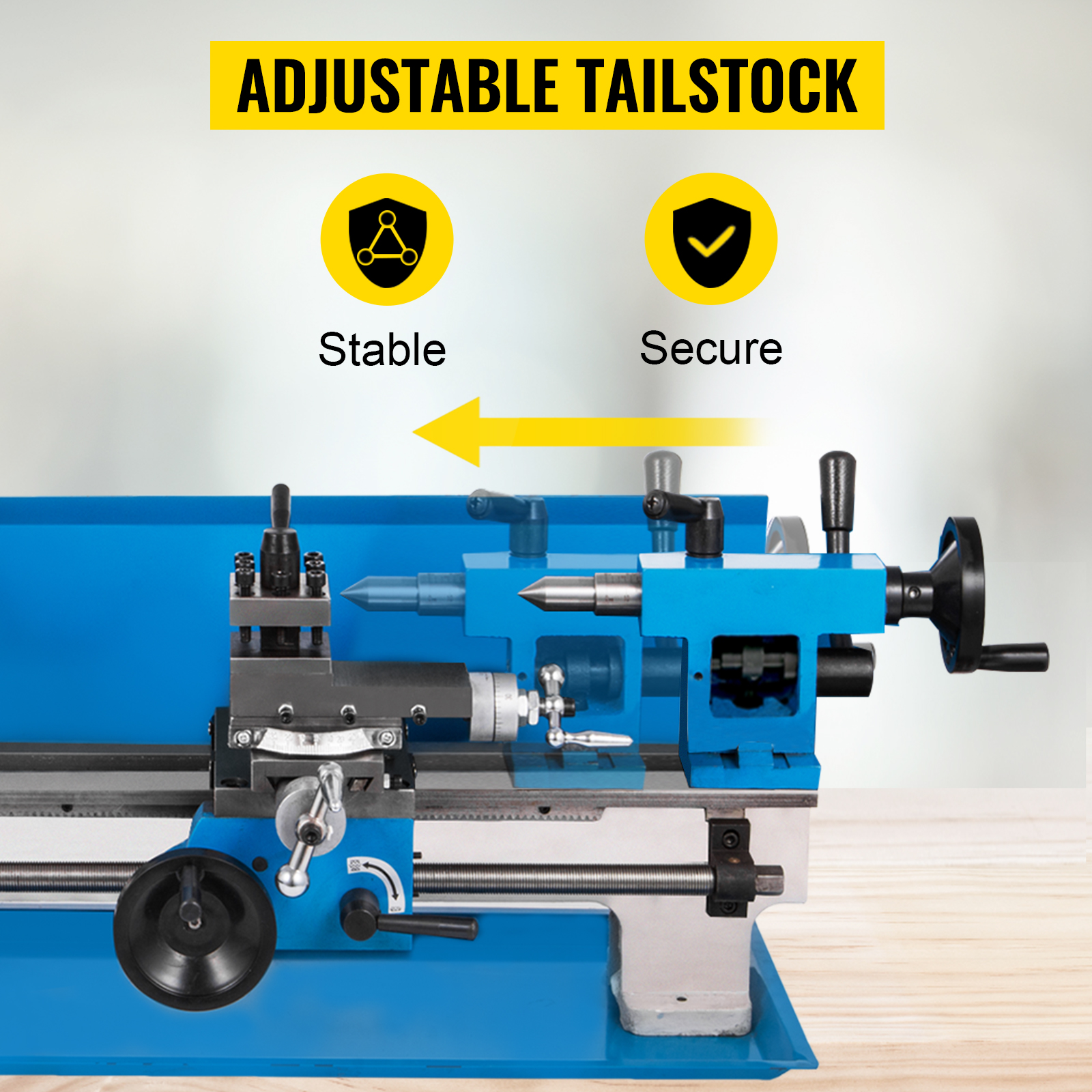 VEVOR metal lathe with adjustable tailstock for stable and secure machining.