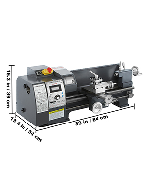 VEVOR metal lathe dimensions: 33 x 13.4 x 15.3 inches. gray body and control panel.
